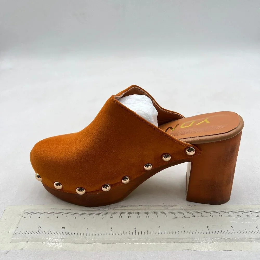 YDN Tan Brown Platform Slip On Clogs Mules Cork High Heel Round Toe Rivet Sandal - Picture 2 of 8